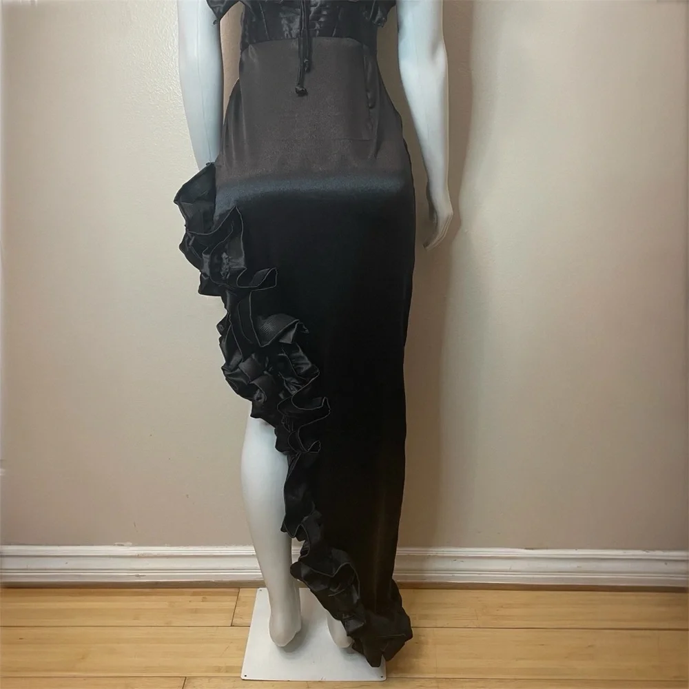Black satin deep V-neck high low ruffle dress - Picture 10 of 13